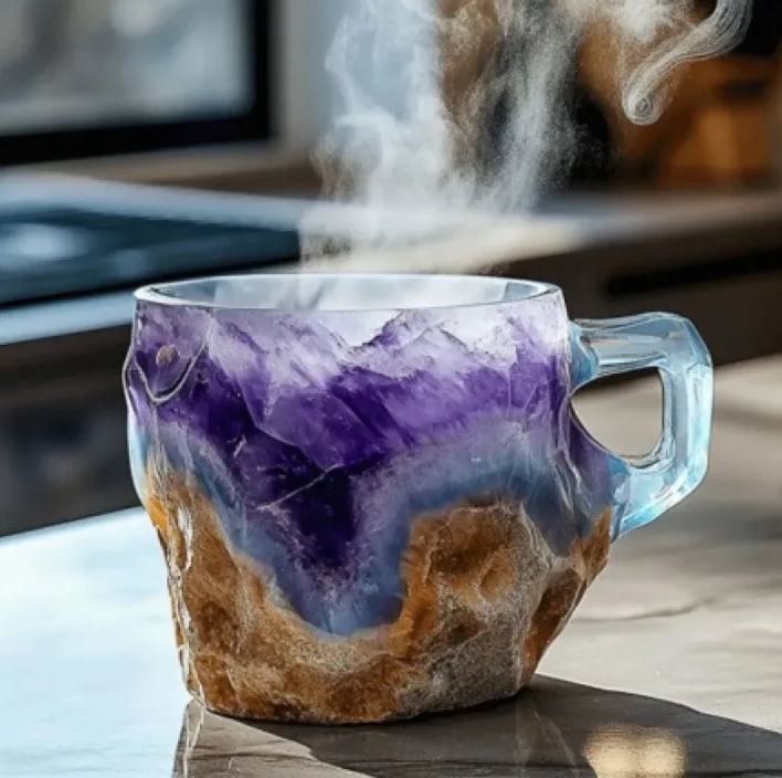 Tazas de café de resina con minerales y cristales de 400 ml con asas Elegante taza de imitación de mineral y cristal para decoración de oficina y hogar, regalo de Navidad, utensilios de cocina