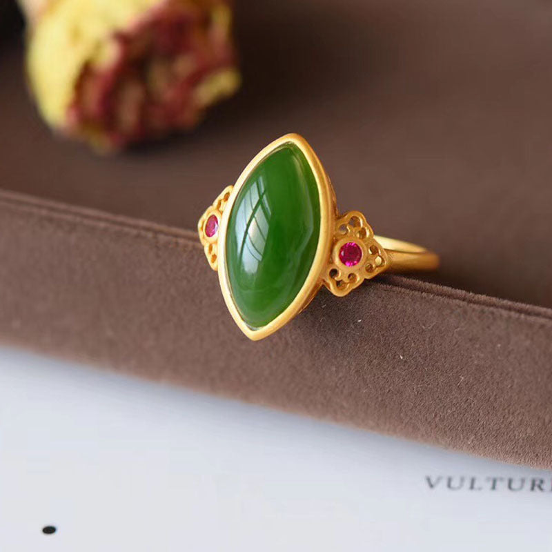 Hetian Jade Ring with Ancient Gold Grinding Silver